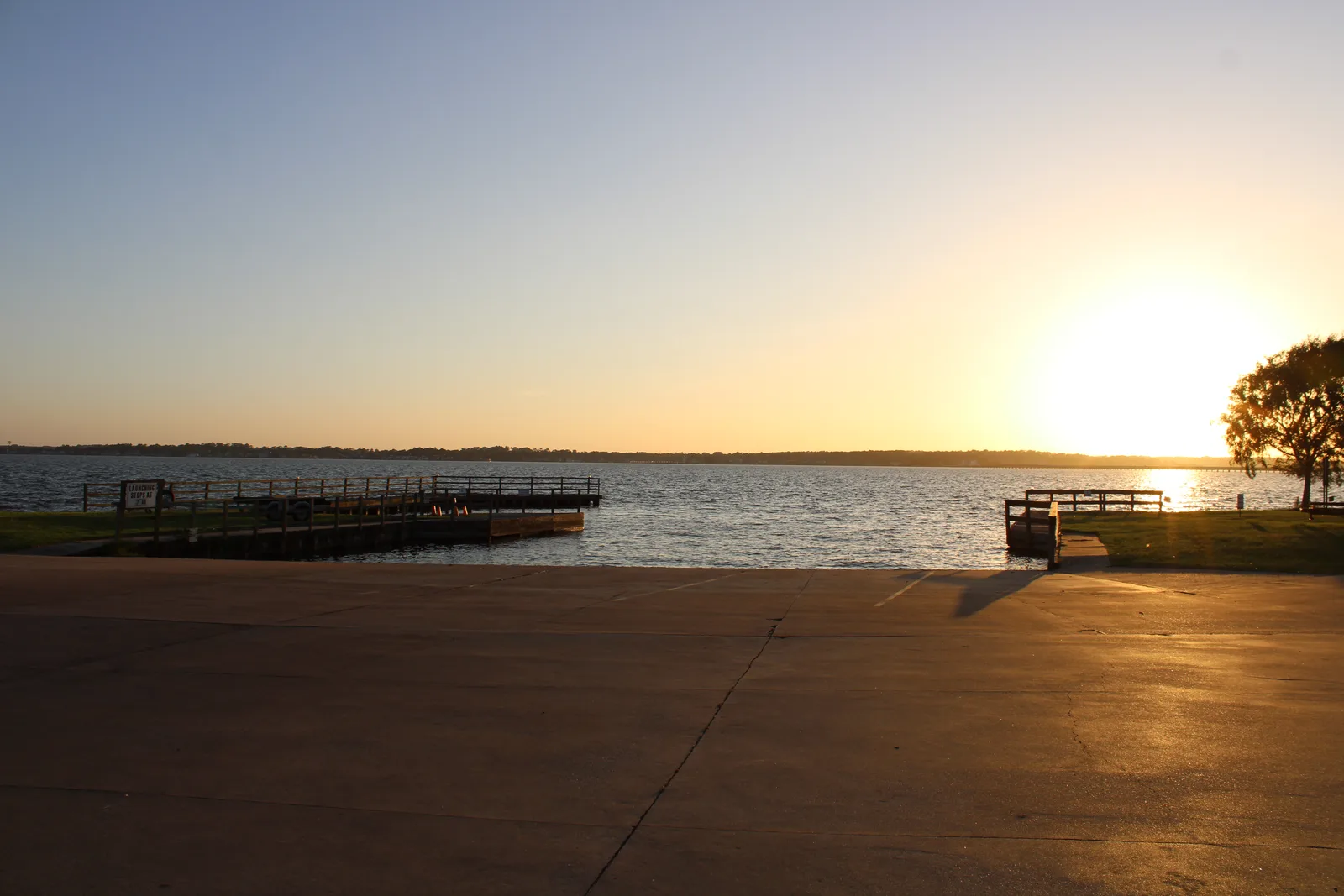 Sunset over the deep-water launch ramp on Lake Conroe at E-Z Boat Storage